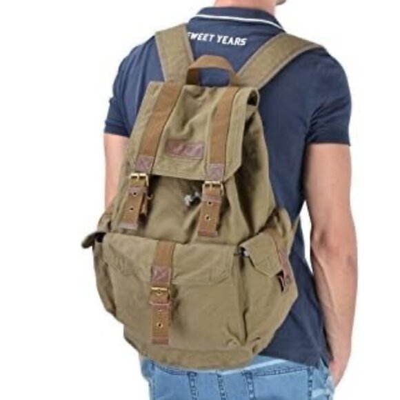 Classic Rucksack Canvas Large Backpack- Tan Unisex - Canvas Bag w/ Leather Trim - Picture 3 of 15